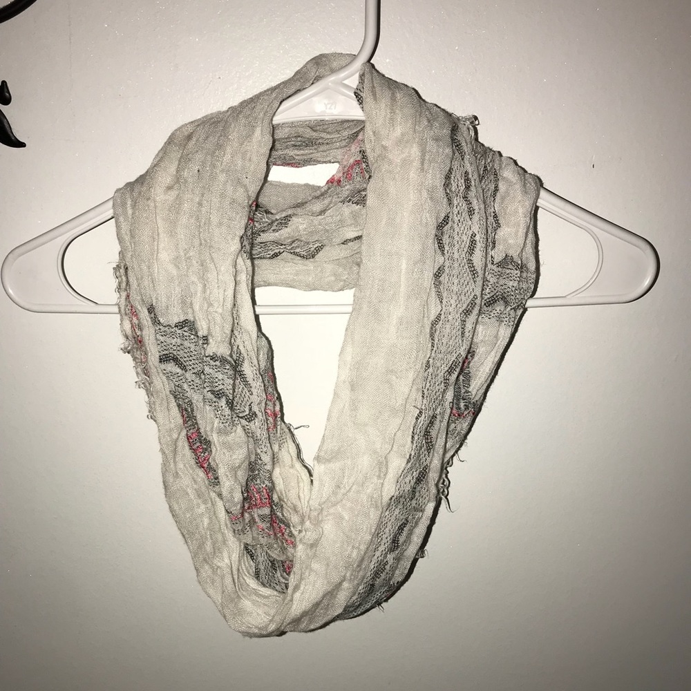 White infinity scarf with pink and gray details